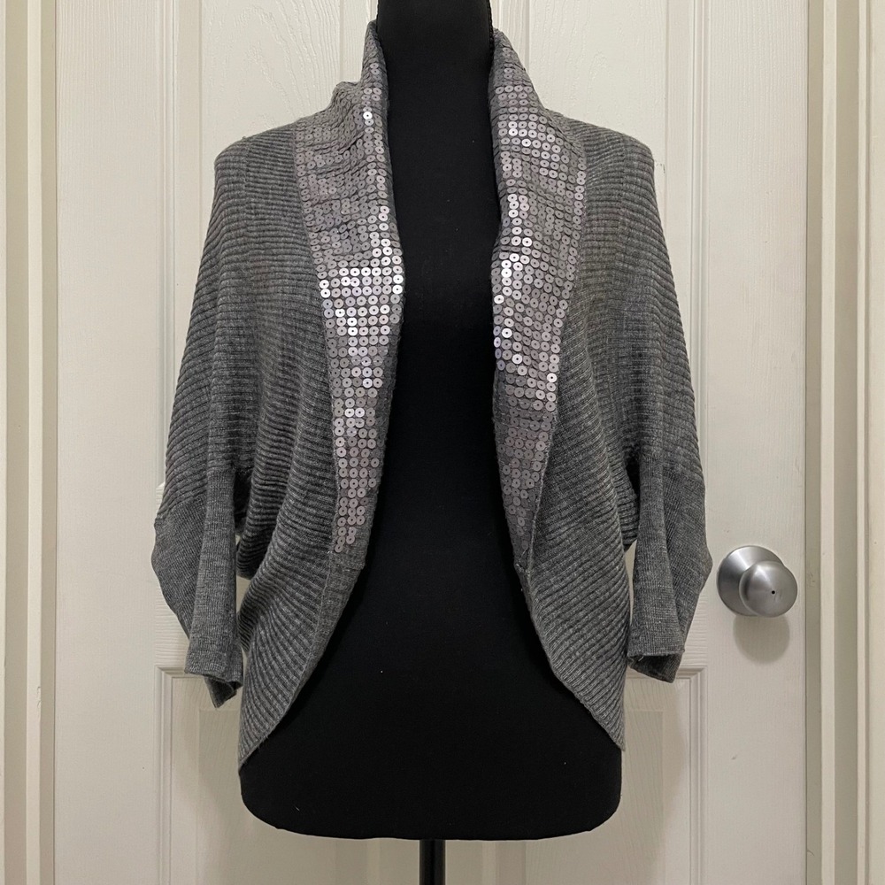 Vintage Cache Draped Open Front Cardigan‎ Sweater Gray Wool Blend Sequin Trim S